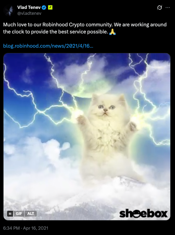 Screenshot of Vlad Tenev's 2021 post featuring a white cat surrounded by lightning